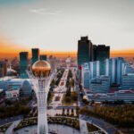 Aerial view of Baiterek monument - symbol of Kazakh people freedom duruing beautiful sunset